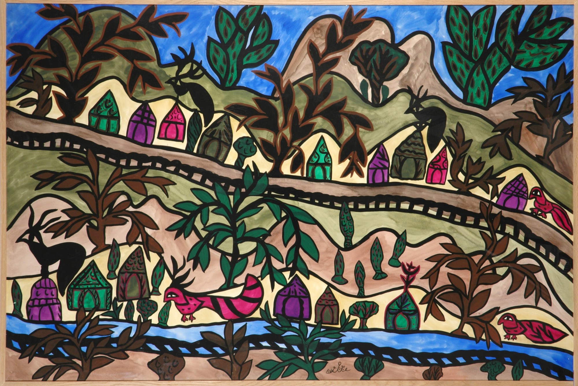 Baya, Paysage aux maisons et collines, gouache sur papier, 1966, FNAC 29677, Centre national des arts plastiques, dépôt au Musée du Quai Branly. Crédit photo : Othmane Mahieddine