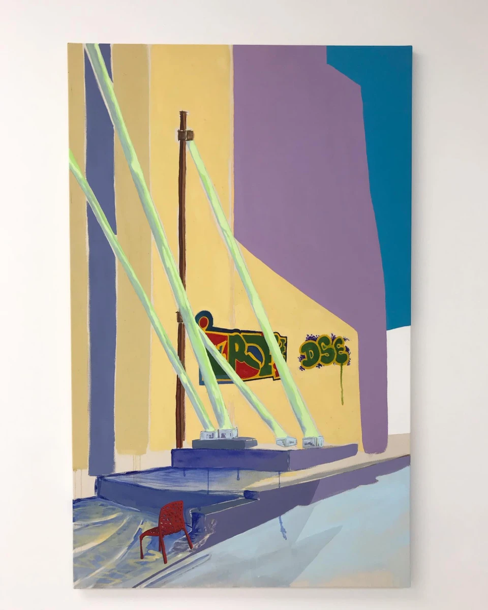 Clara Nebinger, “extérieur à la chaise rouge, Belsunce, 2021”, acrylique sur toile, 100x70 cm. Courtesy Galerie de la Scep