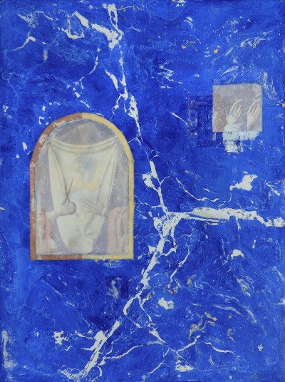 Lucian Moriyama, Double Cross, 2023. Scagliola (plâtre), pigments, huile. 27 x 36 cm.