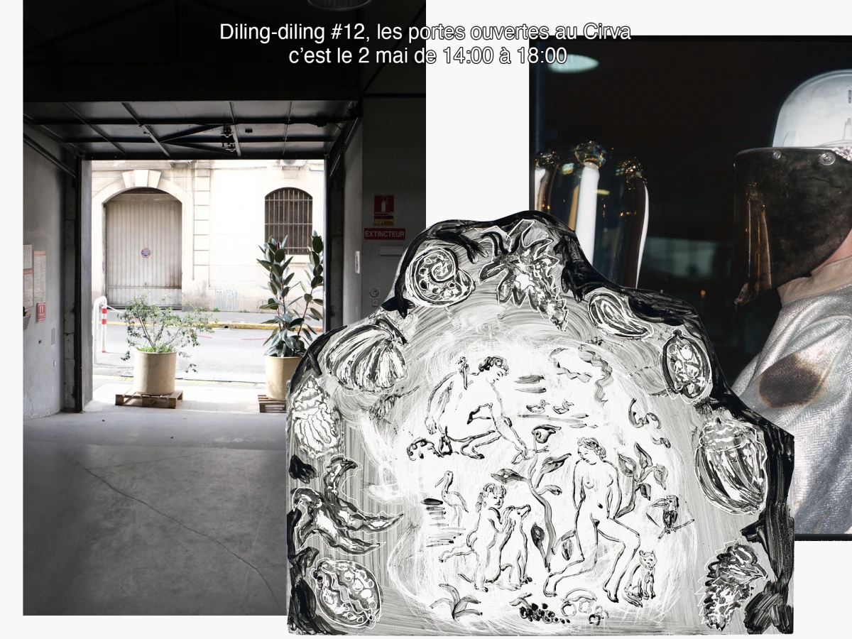 Photocollage, avec une œuvre de Marie Ducaté (<em>Sans titre</em>, 1986–1991, collection Cirva, inv. 1993.15.8), et des archives du Cirva, 2025.