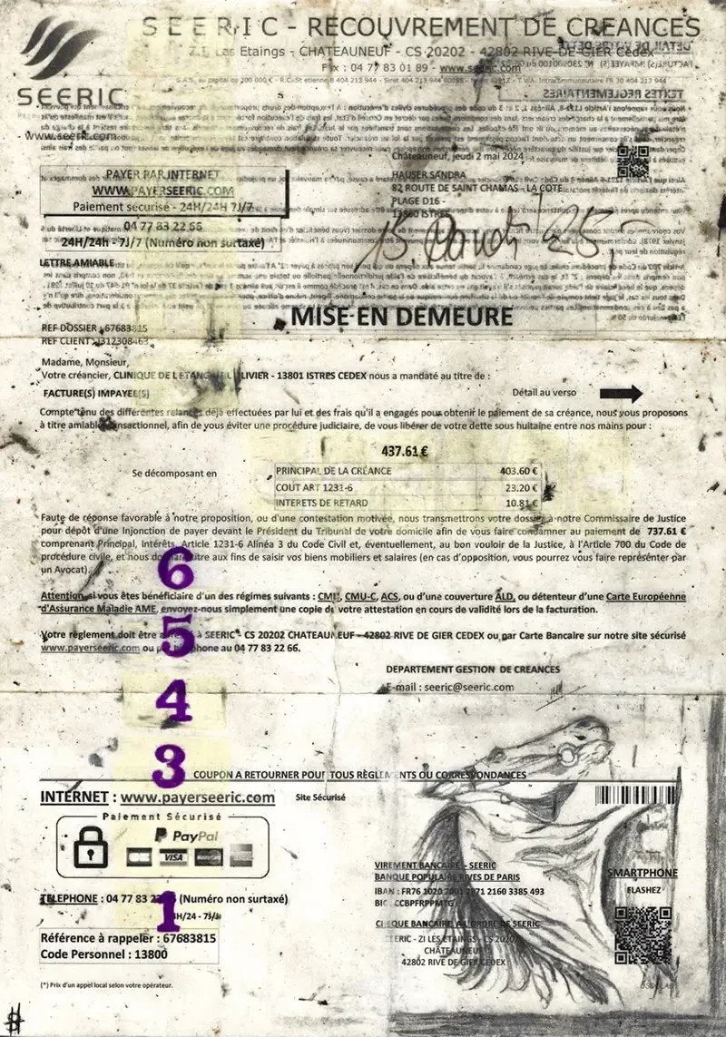 <em>UBD 3 - Petits Chevaux 437,61 €</em>, 2024<br>Dessin, crayon et huile de lin on lettre bancaire, 21 × 29,7 cm