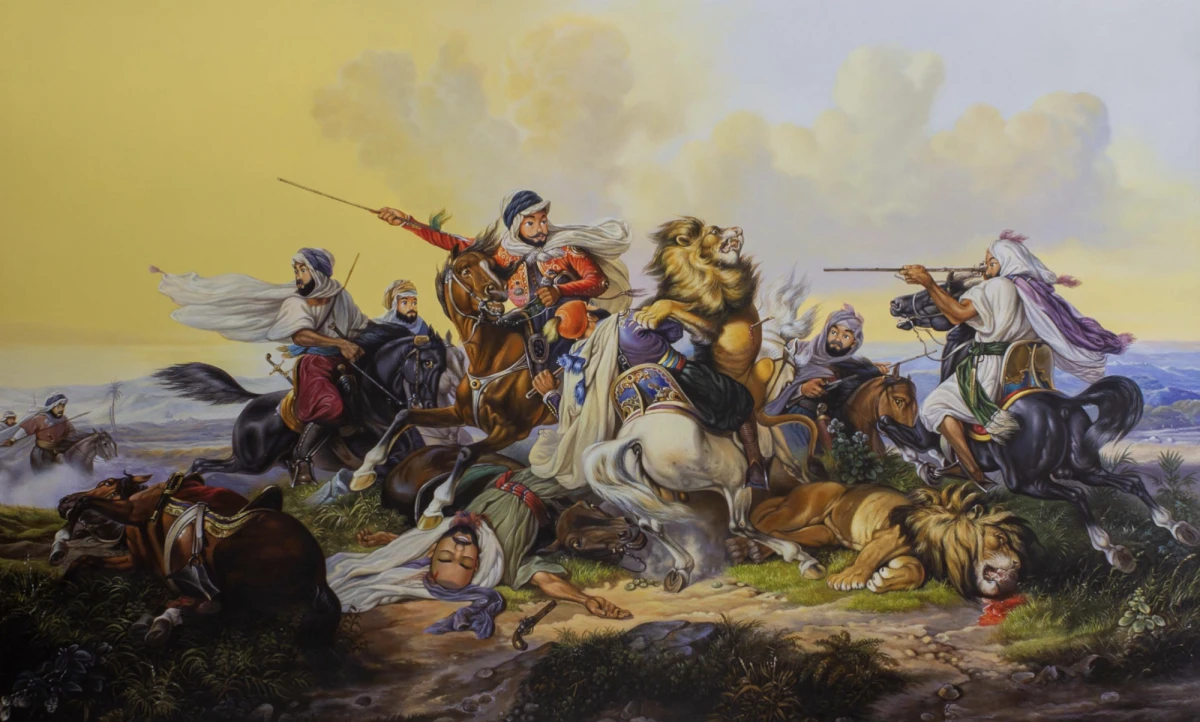 Uji Handoko. <em>1841/2021 Raden Saleh. Lion Hunt</em>, Acrylic on Canvas, 88,3 x 142,3 cm 2021
