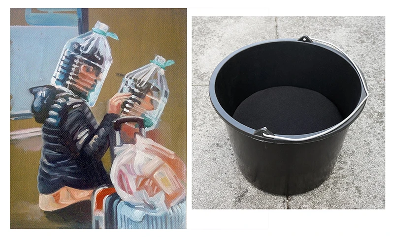 Susanne Strassmann Eric Maillet, <em>ConFineArt</em>, 9.10-20.11 2020, credit photos Josef Beuys, Jeder Mensch ist ein Künstler, Huile sur toile, 20 x 25 cm, 2020 / Eric Maillet, Je remplis, 2020.