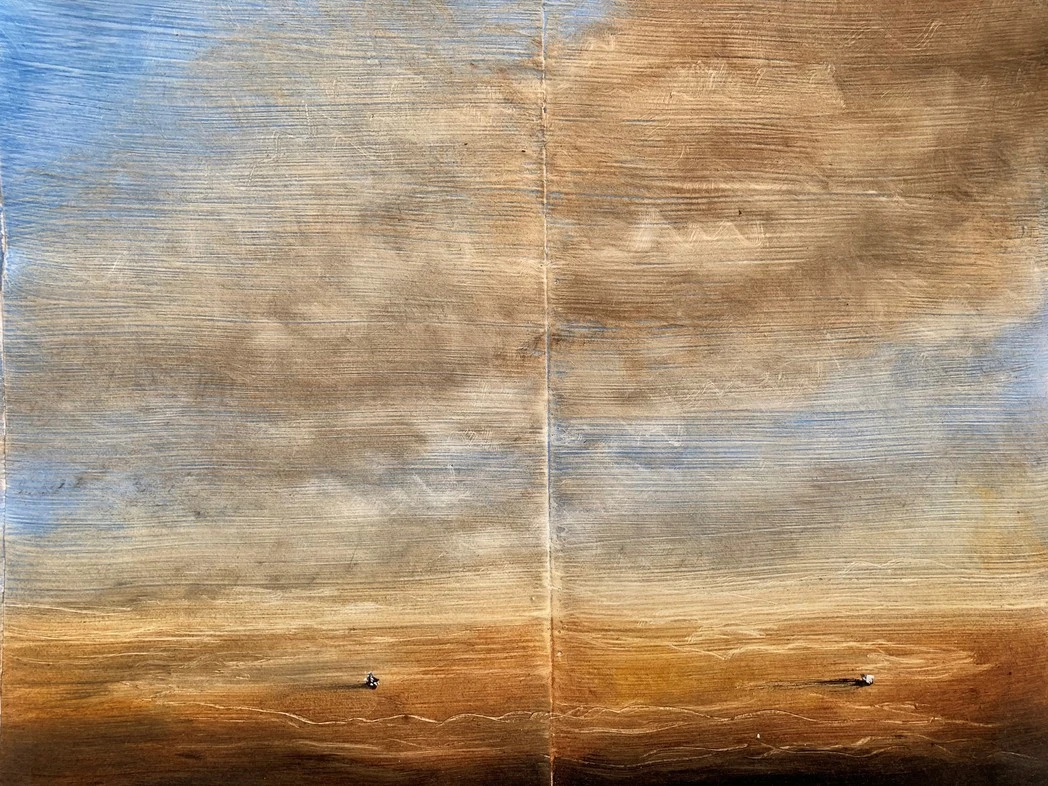 Jean-Christophe Norman, <em>Bookscape</em> (Pierre Guyotat), 2020, huile et encaustique sur papier.<br />
Courtesy Galerie C - Paris.