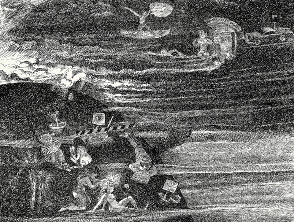 Jean-Jacques Surian, <em>détail de “Dieu crée la lumière”</em>, 2014, plume et encre de Chine sur papier BFK Rives de 110x75cm, série d’après les illustrations de la Bible par Gustave Doré. © J-J. Surian