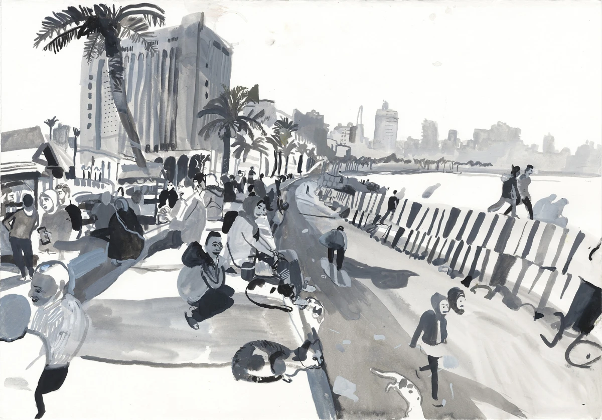 Benoît Guillaume, <em>Alexandrie, la corniche, d’où l’on a la ville entière</em>, encre acrylique, 39 x 56 cm, 2020. © Benoît Guillaume