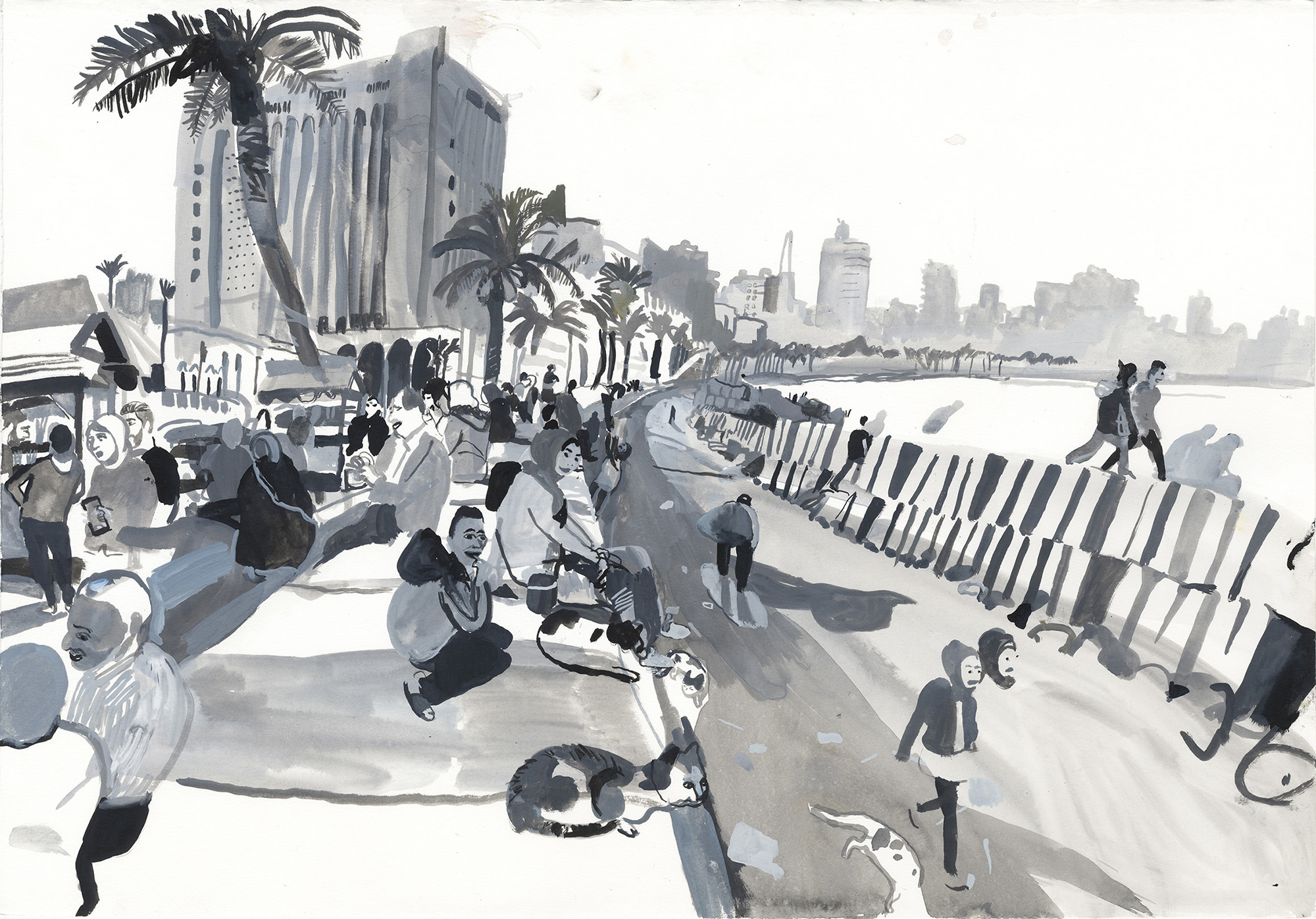 Benoît Guillaume, *Alexandrie, la corniche, d’où l’on a la ville entière*, encre acrylique, 39 x 56 cm, 2020. © Benoît Guillaume