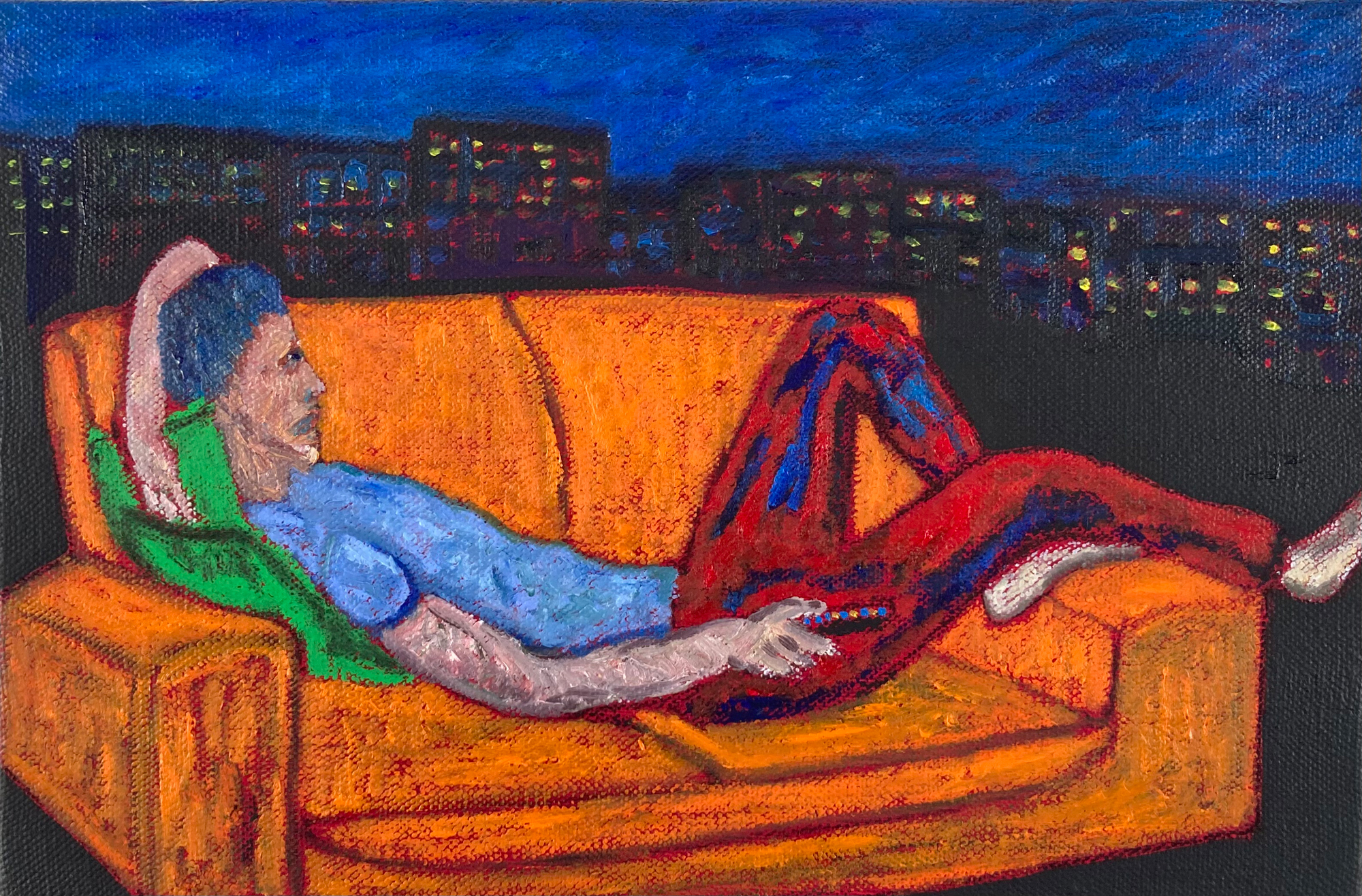 Gilles Benistri, *La télé commande le repos*, 2020, huile, oil stick sur toile 28x41cm