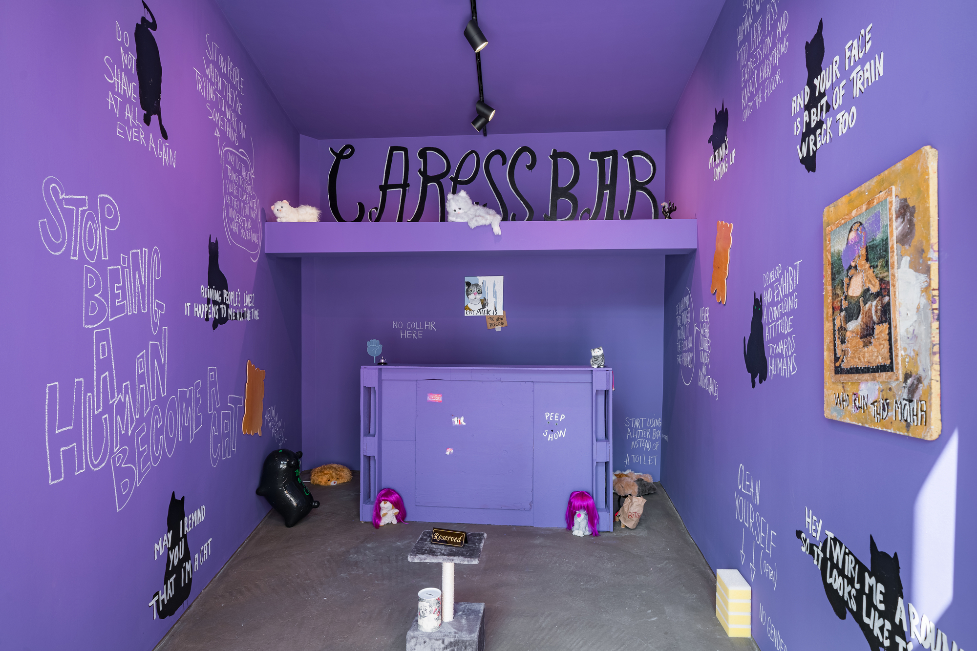 Anais Touchot CARESS BAR
2025, Installation
Divers objets de consommation de masse lié au jeu, bien-être et l'automobile, appareils de massage, fourrures, peluche, vodka, liqueur de Café, lait, peinture acrylique
Photos : Sandwich 2025 / Catalin Georgescu