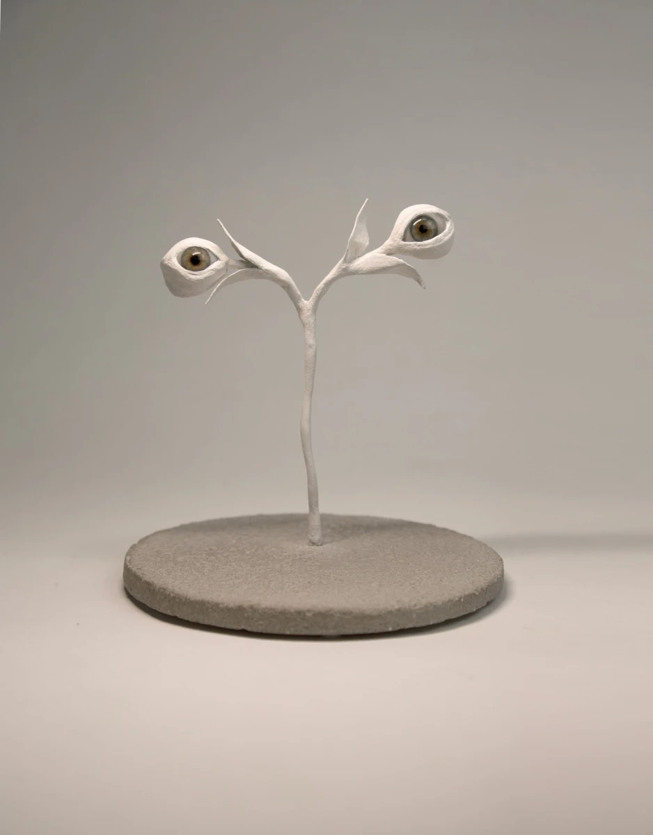 Ali Cherri, <em>Lucie</em>, 2023, prothèses oculaires en verre, bois, laiton, pâte époxy, enduit © Ali Cherri Studio. Collection privée. Courtesy de l’artiste