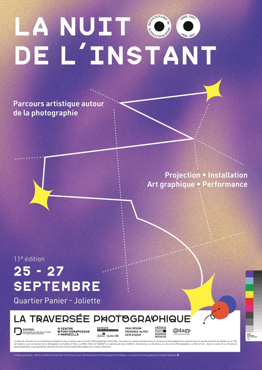 Création graphique : affiche La Nuit de l’instant par © Charlène Cassin / Bicentenaire de la Photographie © CléoBuro