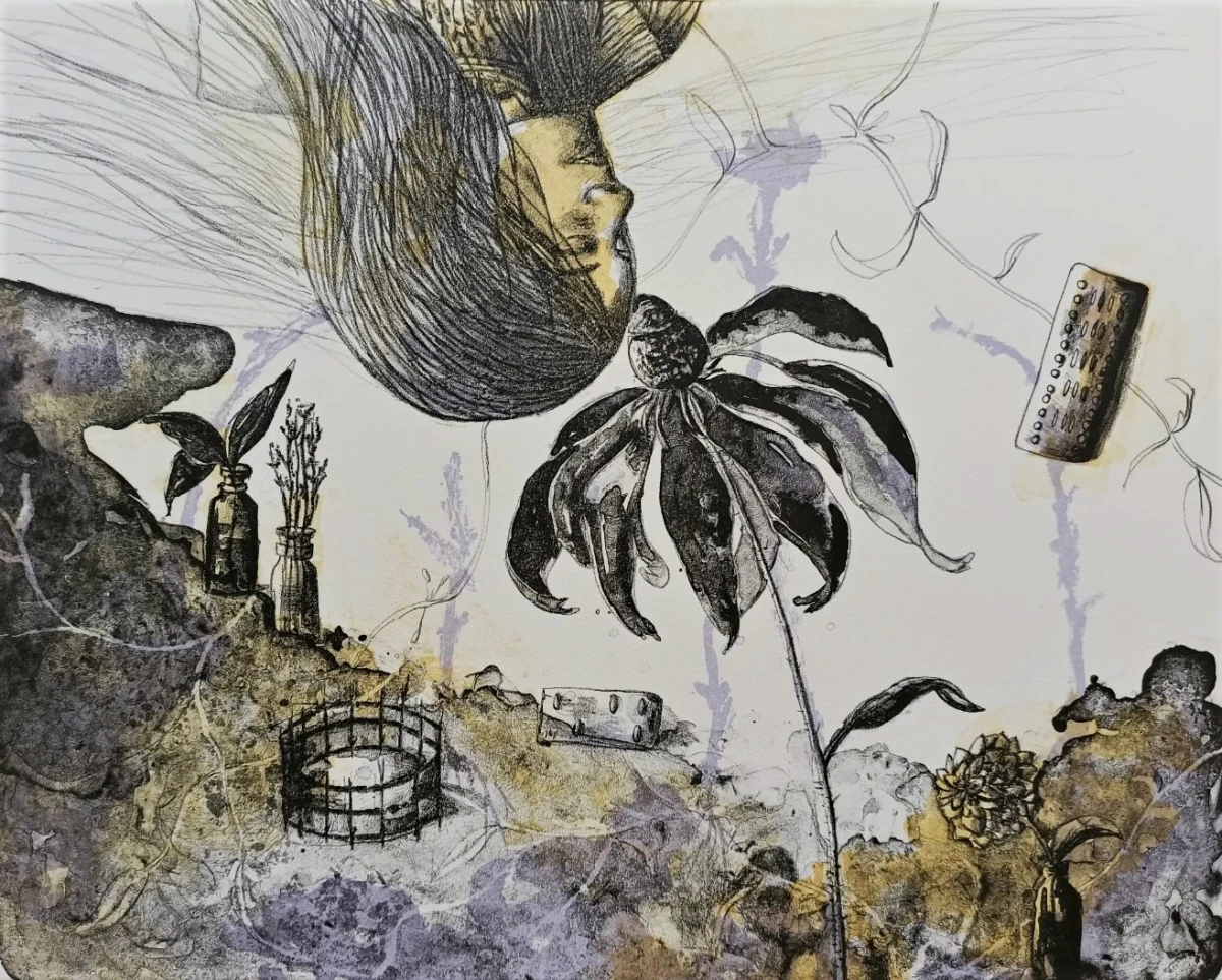 Estelle Lacombe,<br />
Pierre, soin et germination, 50 x 65, lithographie<br />
en 3 couleurs