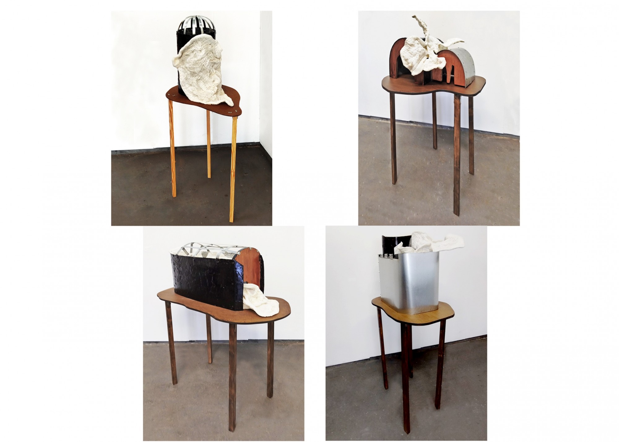 Raoul Hébréard & Sophie Menuet, *Série N°3​-DUO* , 2024
5 pièces de différentes dimensions
R.H - zinc & Blackson vernis
S.M - tissu piqué sur armature -R.H