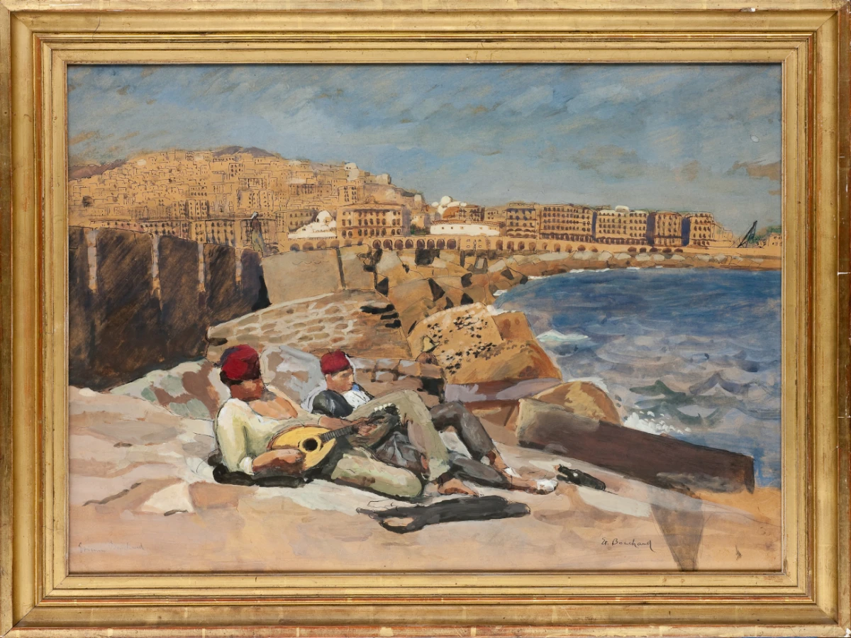 Joueur de mandoline sur la jetée du port d’Alger, vers 1940, Etienne Bouchaud, gouache sur papier, mhfa2009.3.6 / Dépôt de Montpellier Méditerranée Métropole au Mucem / © Frédéric Jaulmes