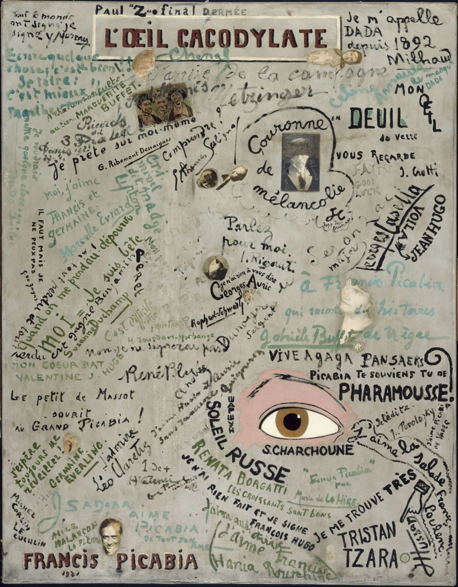 Francis Picabia, L’Œil cacodylate, 1921. Huile sur toile et collage photographique, 148,6 × 117,4 cm. Paraphes de Marcel Duchamp, Tristan Tzara, Gabrielle Buffet, Georges Ribemont-Dessaignes, Marthe Chenal etc. Paris, Centre Pompidou - Musée national d’art moderne - Centre de création industrielle © Adagp, Paris 2021 / photo © Centre Pompidou, MNAM-CCI, Dist. RMN-Grand Palais / Jacques Faujour