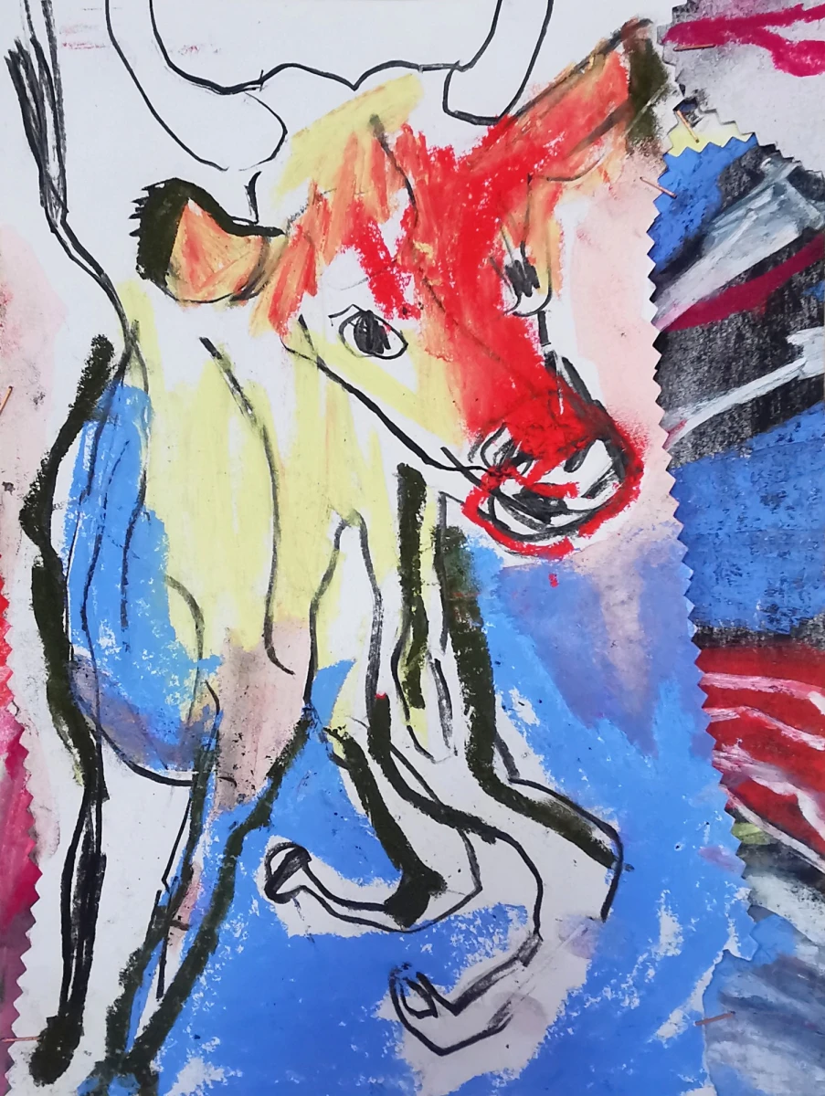 Sarah Bongiovanni, <em>Taureau</em>, papiers agrafés, peinture à l’huile, craie, aerosol, crayon 16 x 21 cm, 2025<br />
Crédit photo Sarah Bongiovanni