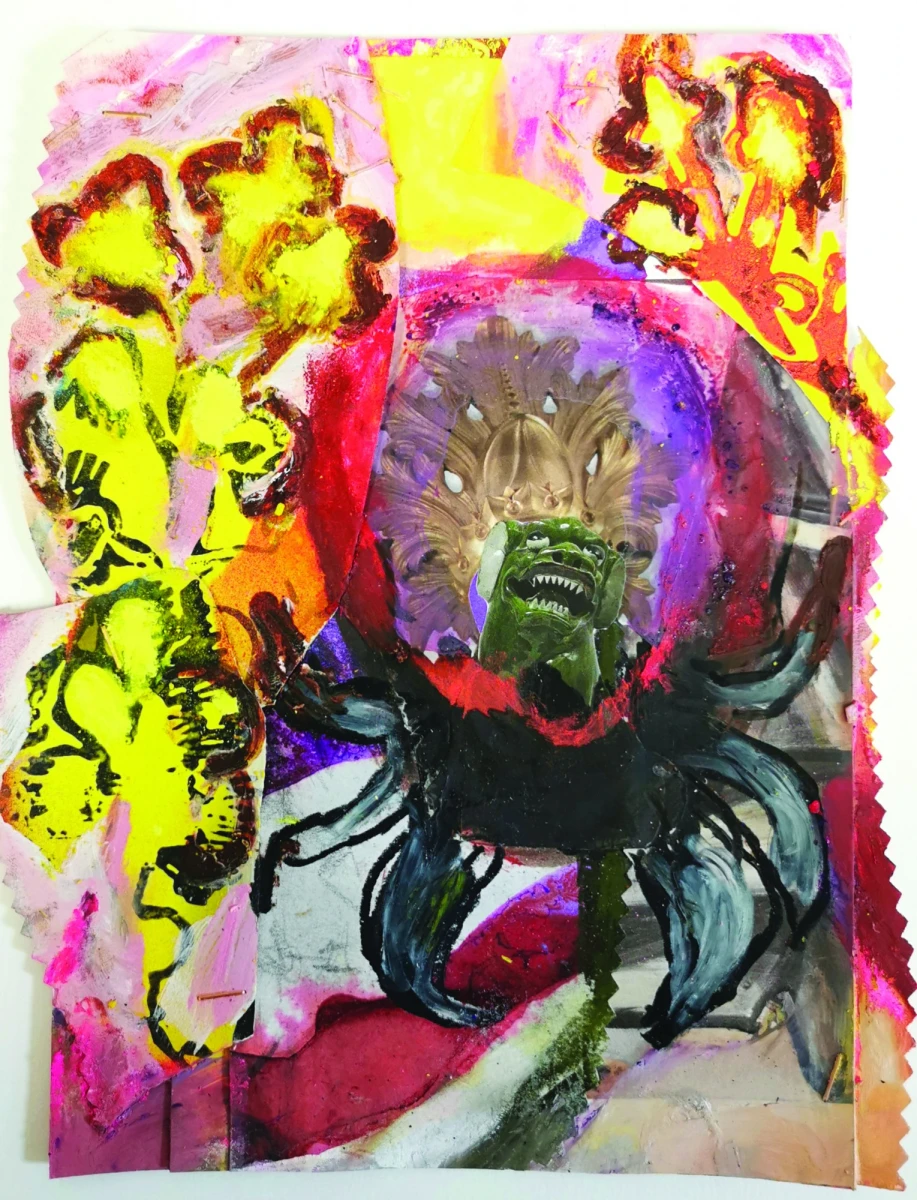 Sarah Bongiovani, <em>Petite fleur et épanouissement entourée de branches de mimosa,</em> papiers agrafés, peinture à l’huile, craie, aeroso,l crayon 16 x 21 cm,  2025<br />
crédit photo Sarah Bongiovanni