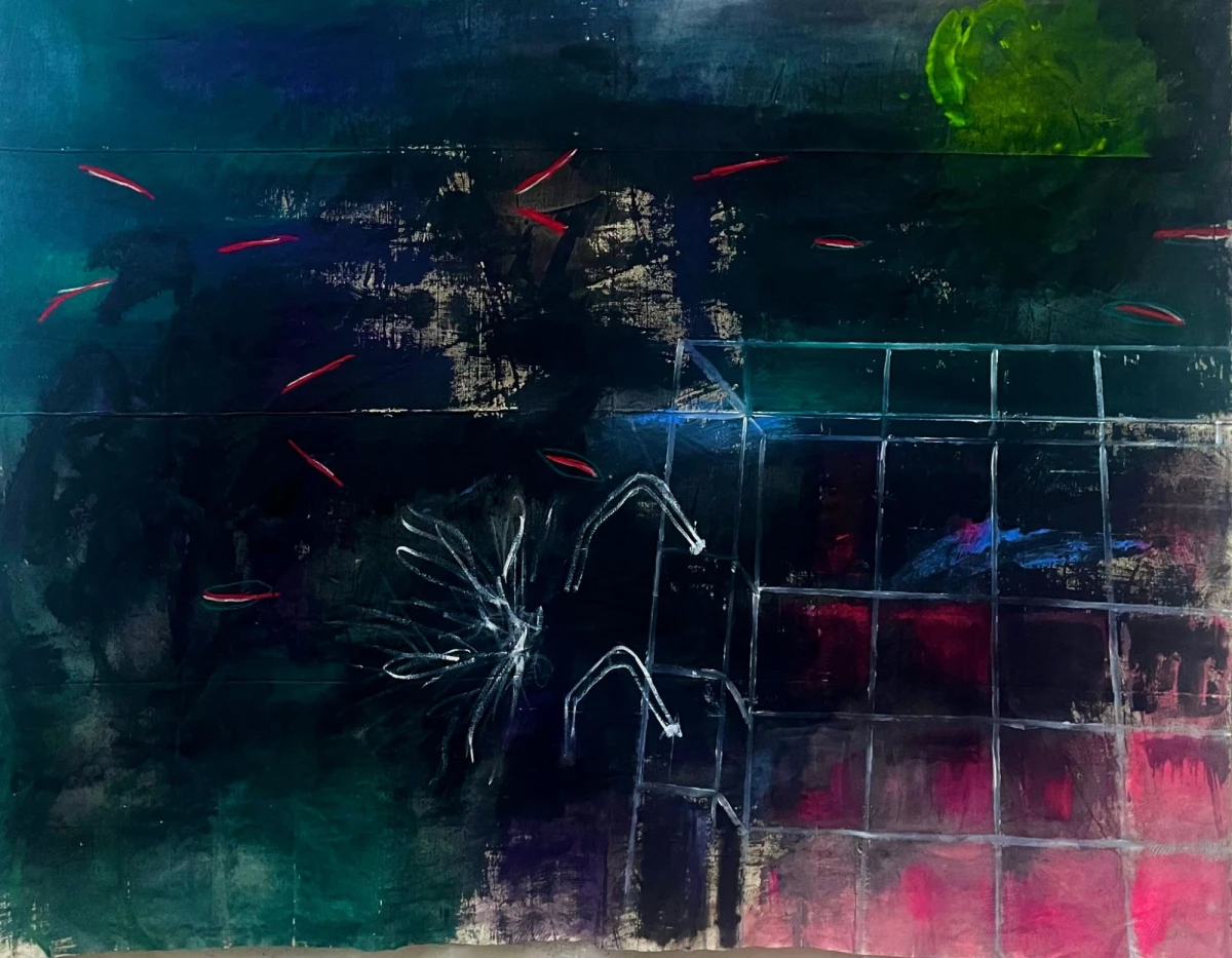 Marion Safriouine, <em>I’M HERE</em>, acrylique, huile, encre et pigments sur toile libre, 280x200 cm, 2024<br />
credit photo Marion Safriouine