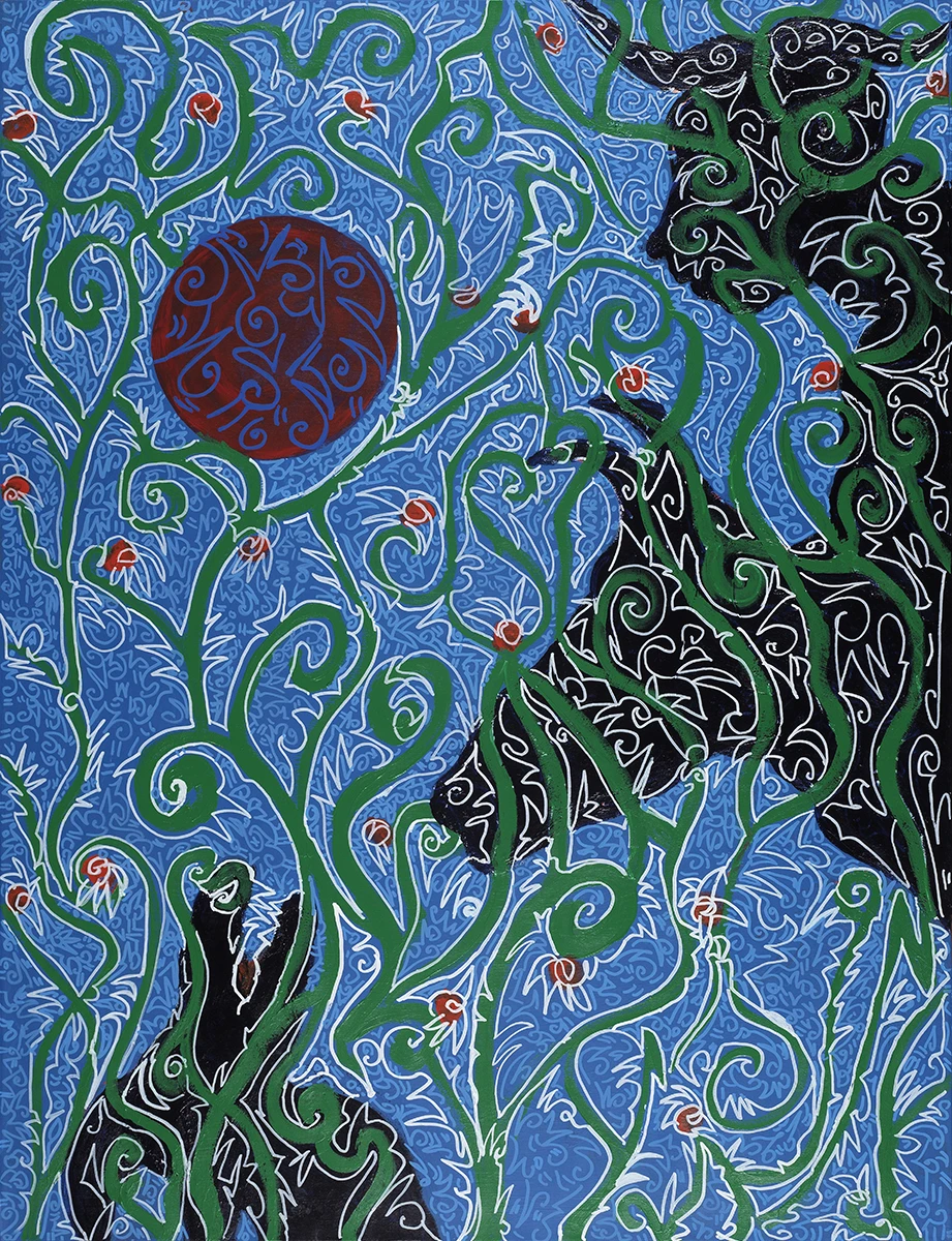 Hatem Akrout, <em>Le chant du loup</em>, acrylique, encre, sur toile, 89 x 116 cm, 2021, <em>crédit photo Hatem Akrout</em>.