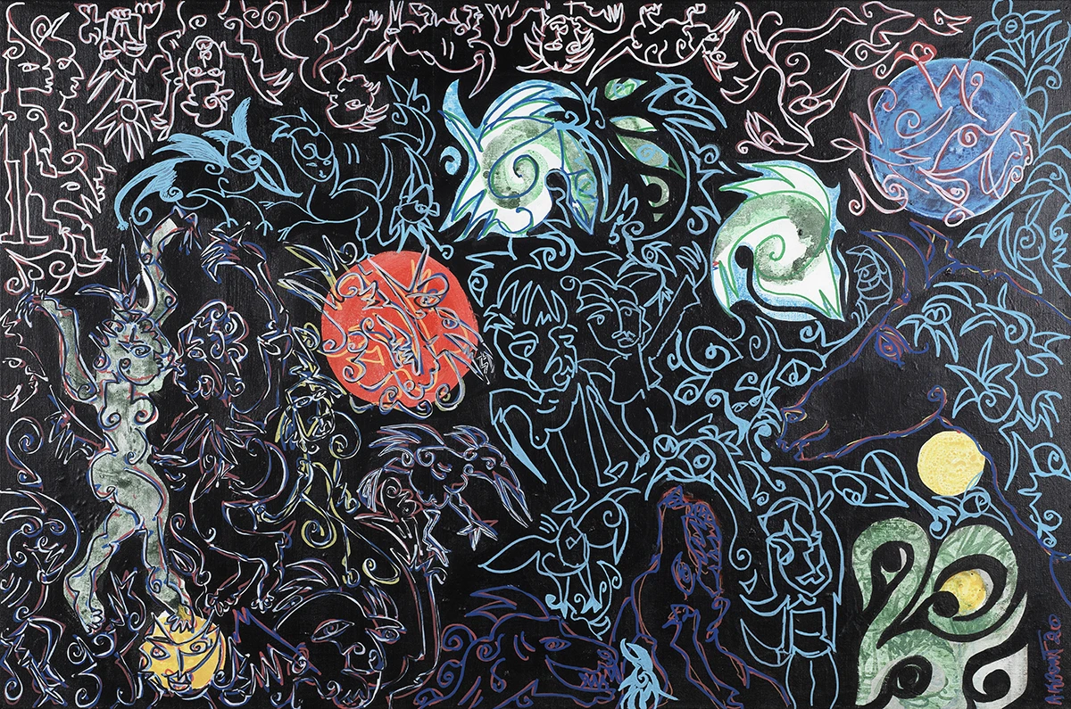 Hatem Akrout, <em>sans titre</em>, acrylique, encre, sur toile, 80 x 110 cm, 2021,<em>credit photo Atem Akrout</em>.